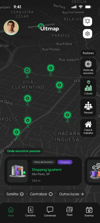 Mapa do Ultmap mostrando pessoas e locais por perto em tempo real